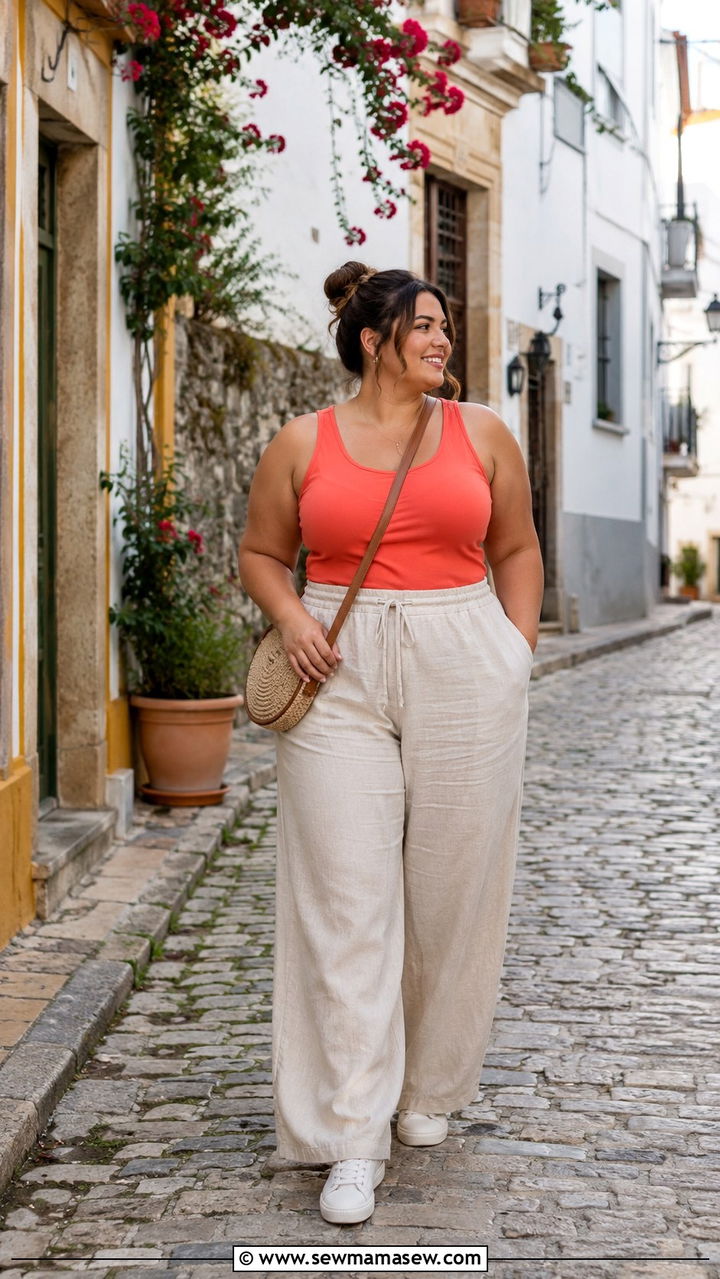 Wide Leg Linen Pants and Fitted Tank Top - 25 Vacation outfit ideas plus size women