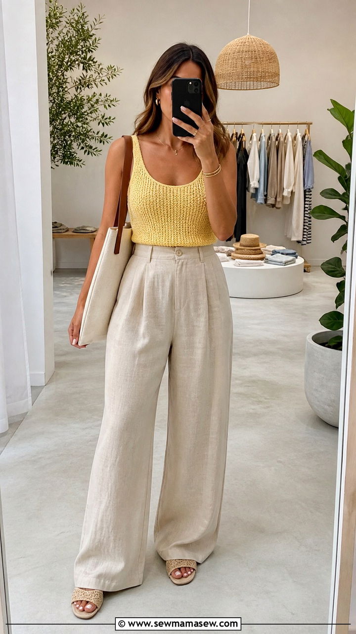 Wide Leg Linen Pants and Knit Tank Outfit - 40 spring shopping day outfit ideas