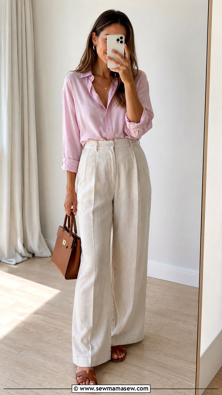 Wide Leg Linen Pants and Long Sleeve Blouse - 30 modest summer wedding guest outfit ideas