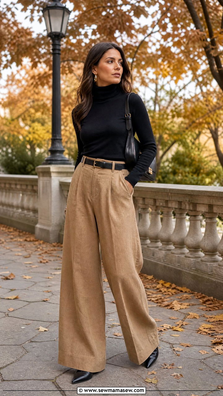 Wide Leg Linen Pants with Black Turtleneck - 35 linen pants outfits ideas