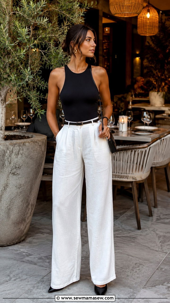 Wide Leg Linen Pants with Bodysuit - 30 how to style linen pants outfits