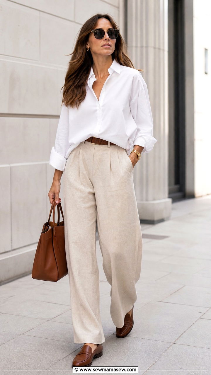 Wide Leg Linen Pants with Button Down Shirt - 35 linen pants outfits ideas