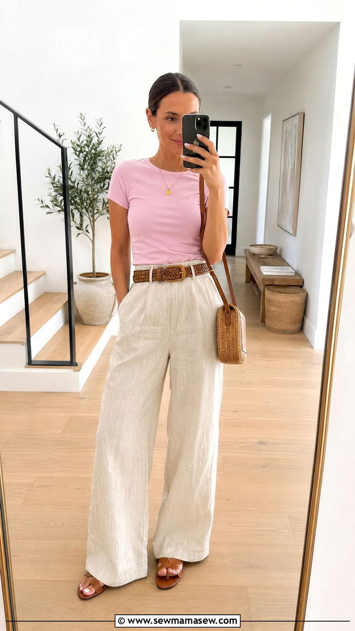 Wide Leg Linen Pants with Fitted Tee and Flat Sandals - 30 Linen pants outfit ideas with sandals