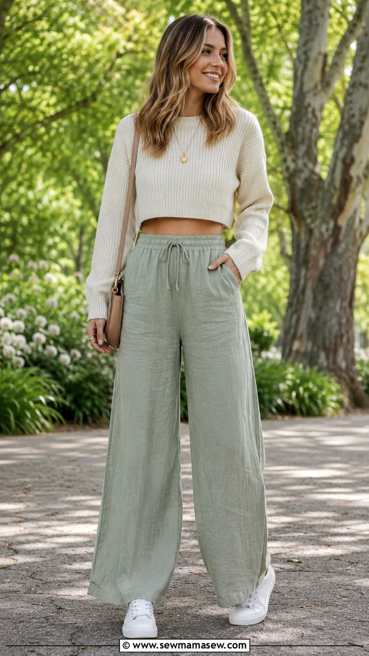 Wide Leg Linen Pants with a Cropped Knit Sweater and Sneakers - 30 Linen pants outfit ideas with sneakers