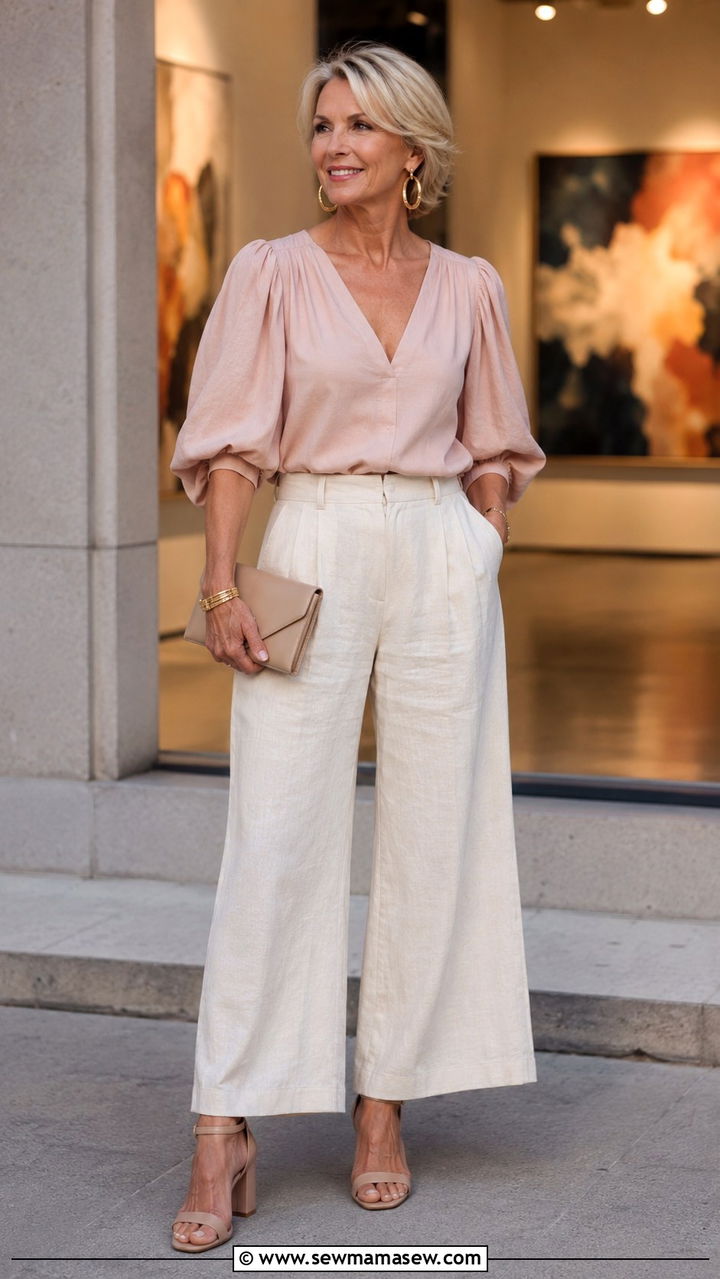Wide Leg Linen Pants with a Puff Sleeve Blouse - 30 Linen pants outfit ideas for women over 50