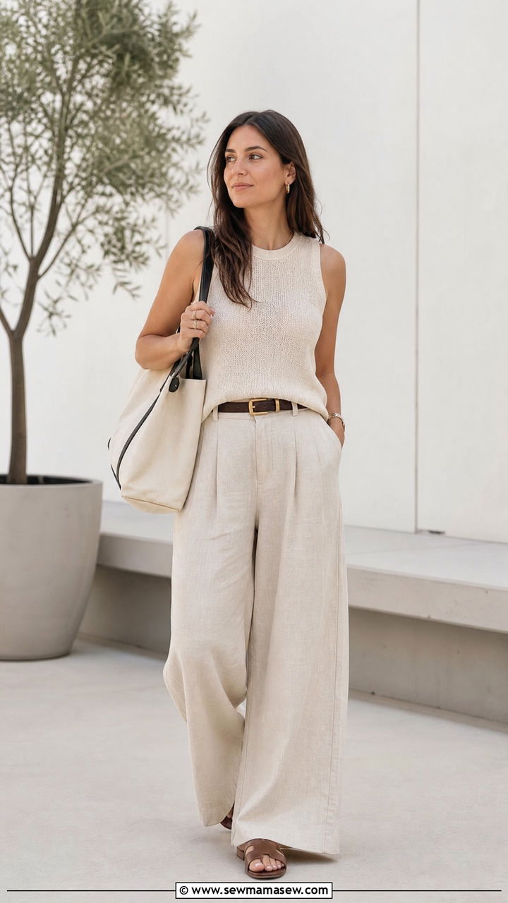Wide Leg Linen Trousers With A Sleeveless Knit Top - 25 spring retro summer outfit ideas