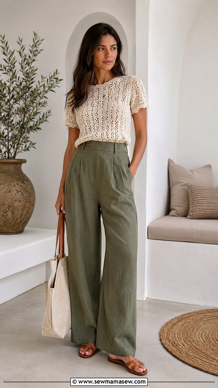 Wide Leg Linen Trousers With Crochet Top Outfit - 20 summer outfits 2026 women ideas