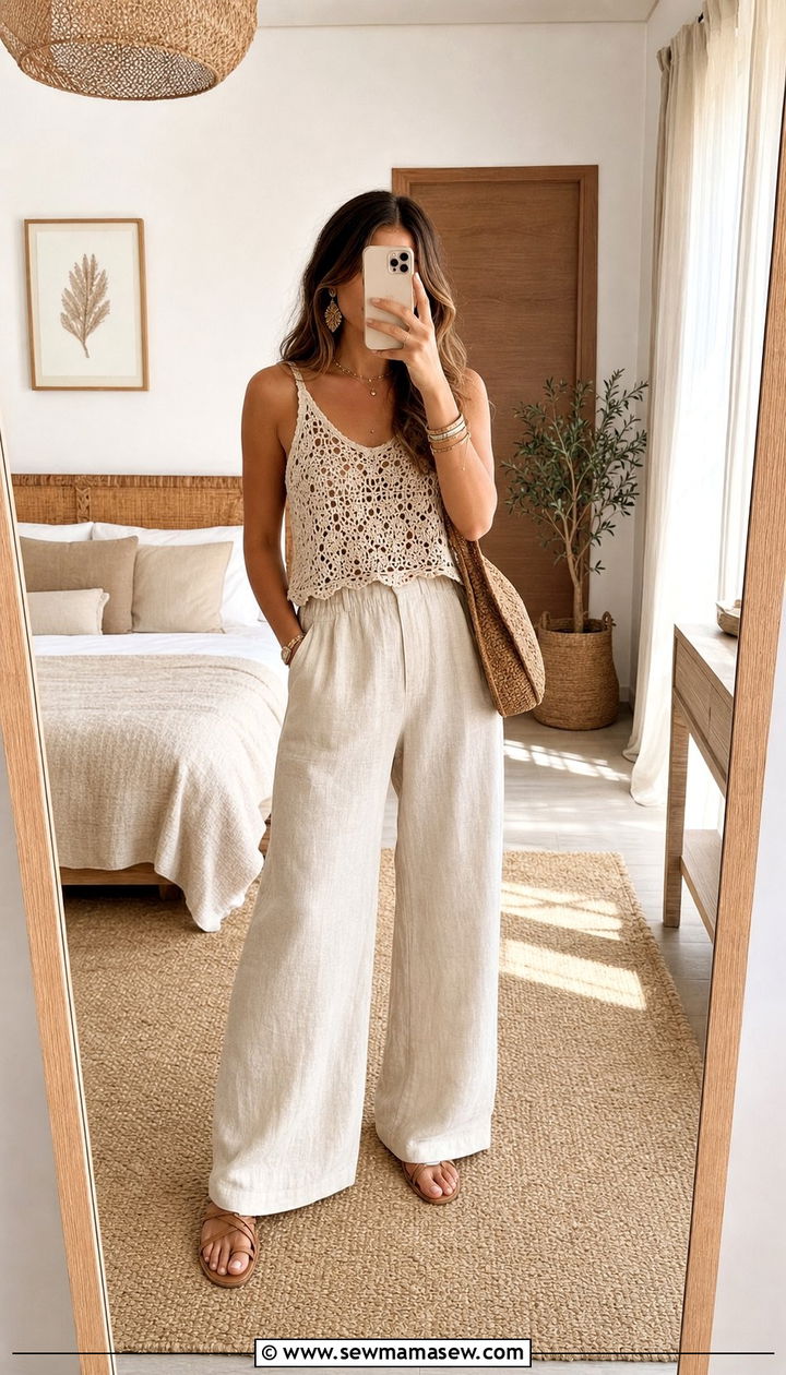 Wide Leg Linen Trousers With Crochet Top - 35 Boho spring outfit ideas 2026