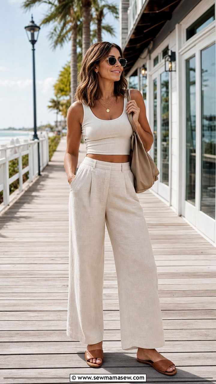 Wide Leg Linen Trousers With Cropped Tank Top - 25 Effortless summer outfit ideas 2026