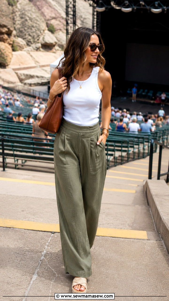 Wide Leg Linen Trousers With Fitted Tank and Platform Sandals - 30 chic summer concert outfits for women