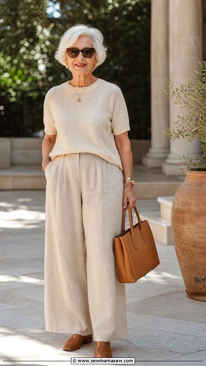 Wide Leg Linen Trousers With Lightweight Knit Top - 30 Summer outfits for women over 70