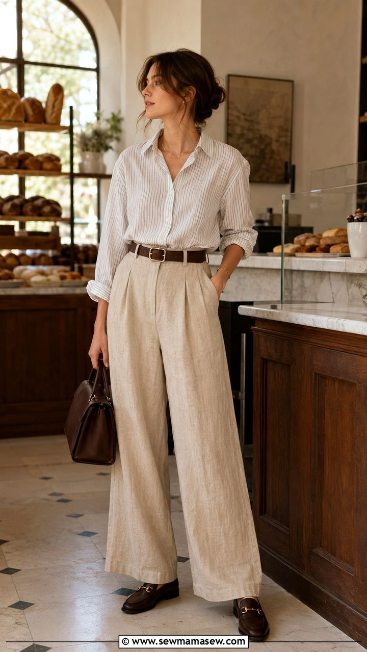 Wide Leg Linen Trousers With Pinstripe Button Down Outfit Light Academia - 30 casual light academia outfits