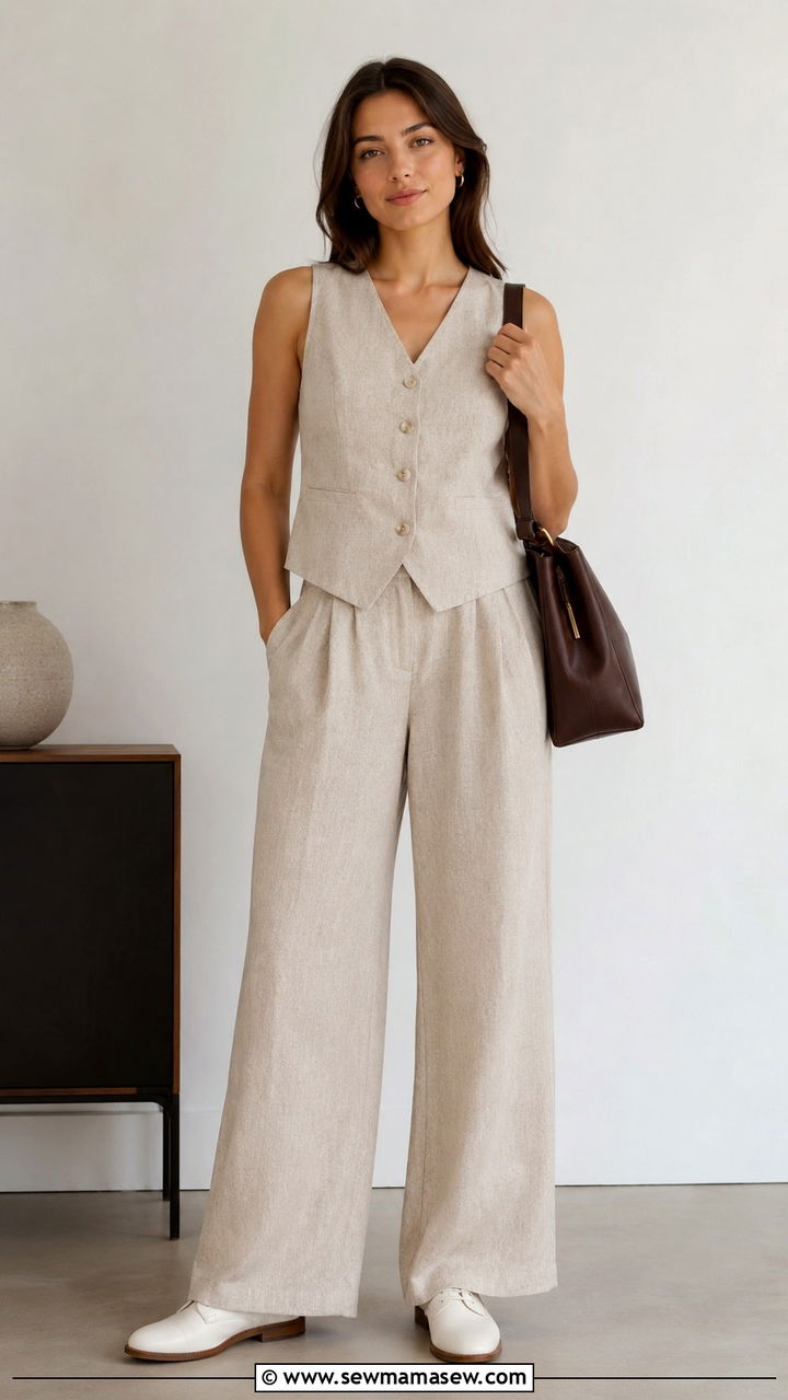 Wide Leg Linen Trousers With Sleeveless Vest - 20 summer outfits 2026 women inspo