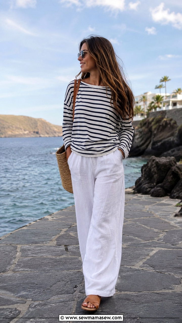 Wide Leg Linen Trousers With Striped Breton Top - 30 classy outfits aesthetic