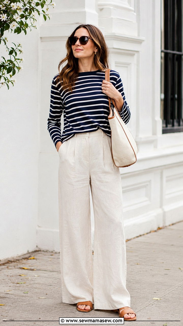 Wide Leg Linen Trousers With Striped Top - 30 Spring outfits with trousers