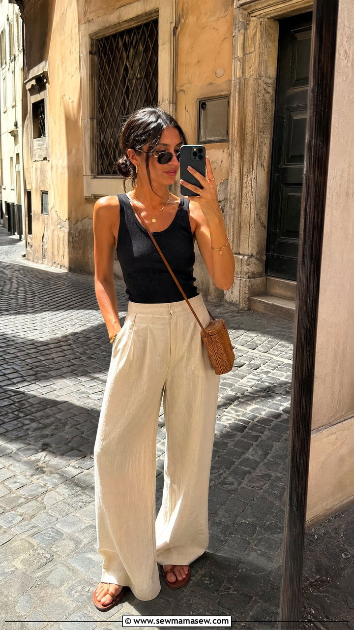 Wide Leg Linen Trousers With Tank Top - 35 European summer outfits inspo