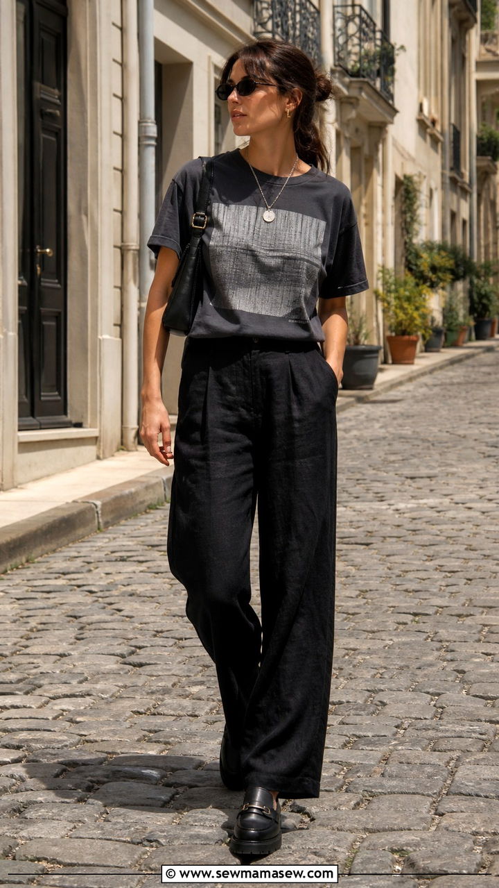 Wide Leg Linen Trousers With a Boxy Graphic Tee and Loafers - 40 casual vacation outfits