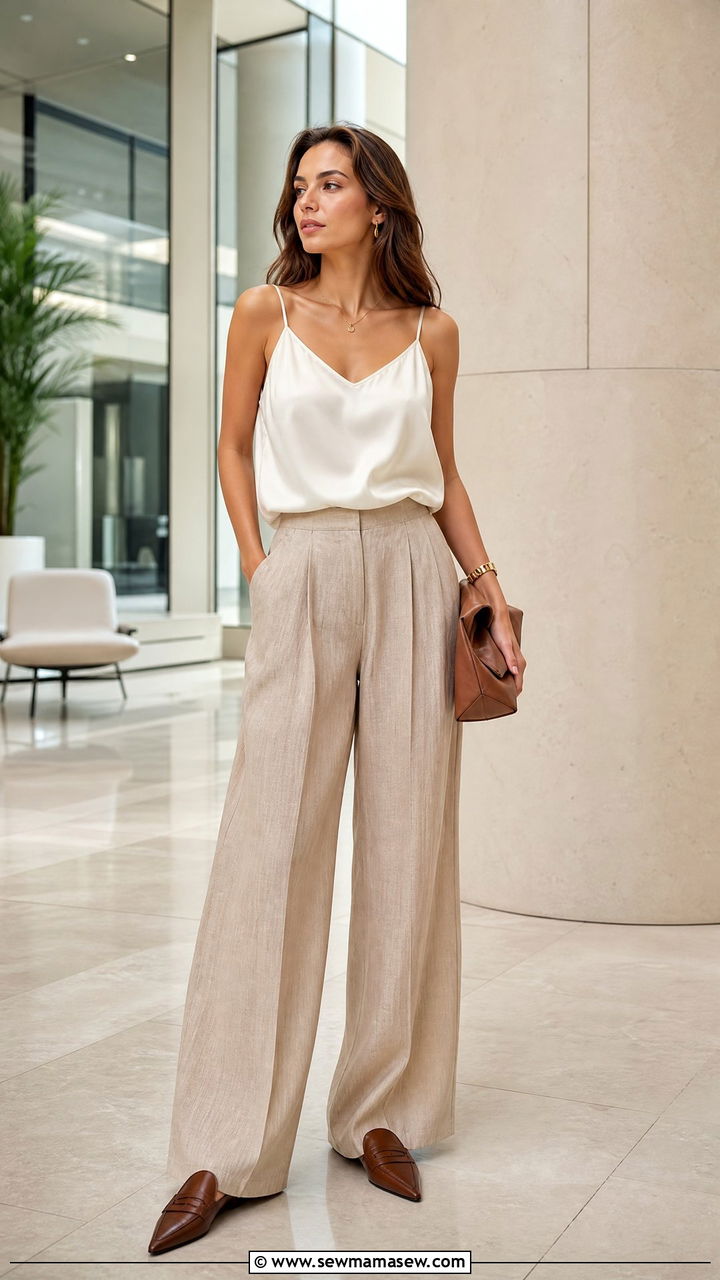 Wide Leg Linen Trousers With a Silk Camisole and Pointed Toe Loafers - 30 Summer outfits with loafers