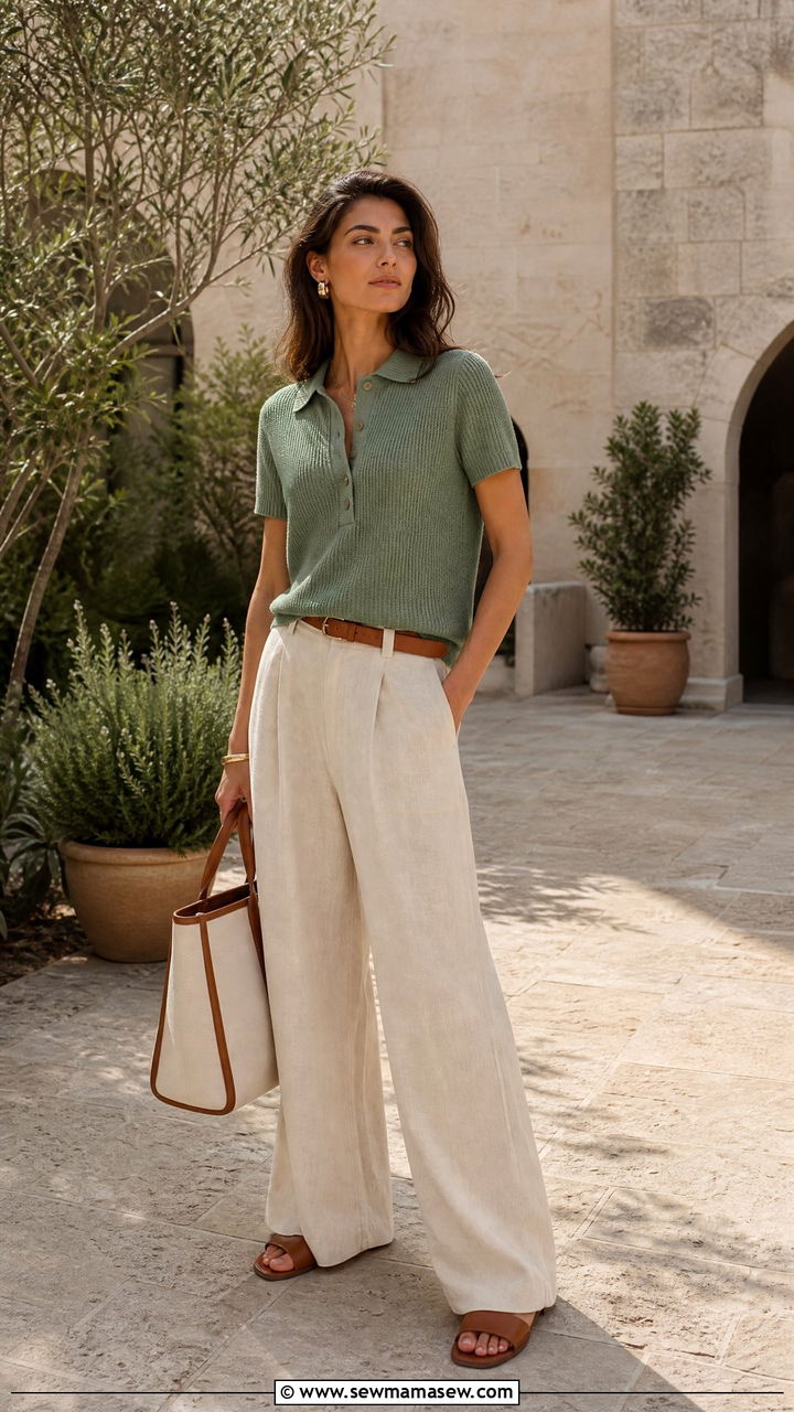 Wide Leg Linen Trousers and Knit Polo With Leather Sandals - 35 Gigi Hadid summer outfit ideas