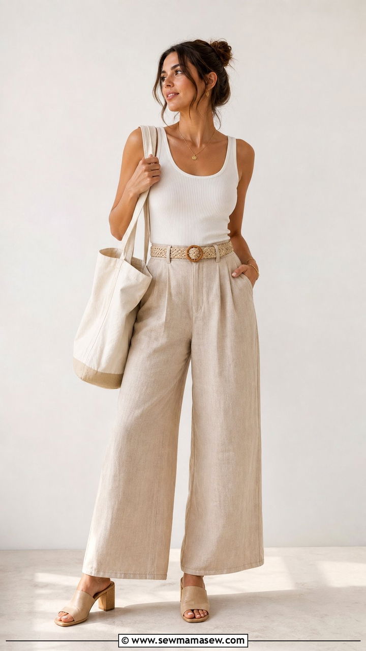 Wide Leg Linen Trousers and Ribbed Tank Outfit - 25 summer outfit ideas trends