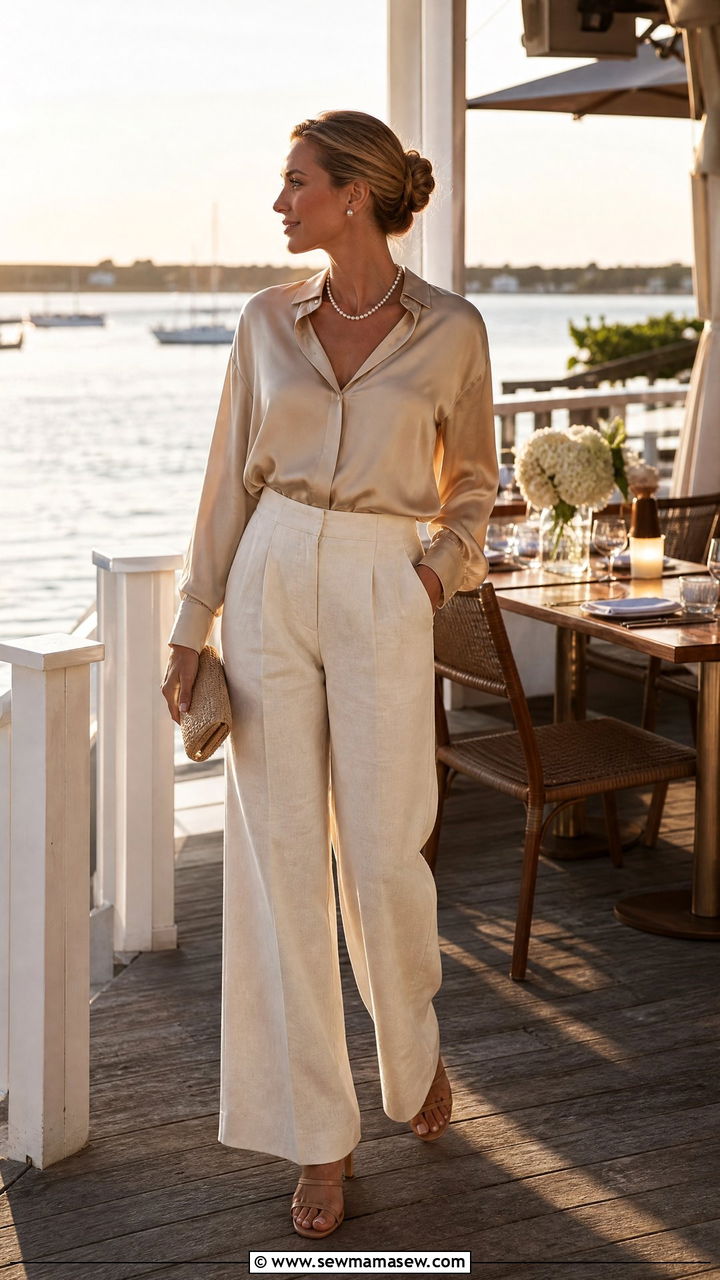 Wide Leg Linen Trousers and Silk Blouse Cape Cod - 25 Old money outfit ideas for Cape Cod