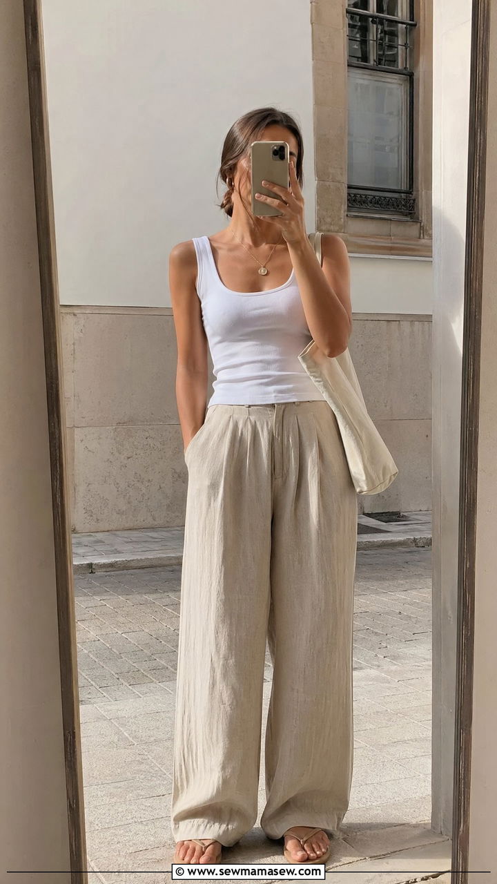 Wide Leg Linen Trousers and Tank Outfit - 35 European summer outfits for women