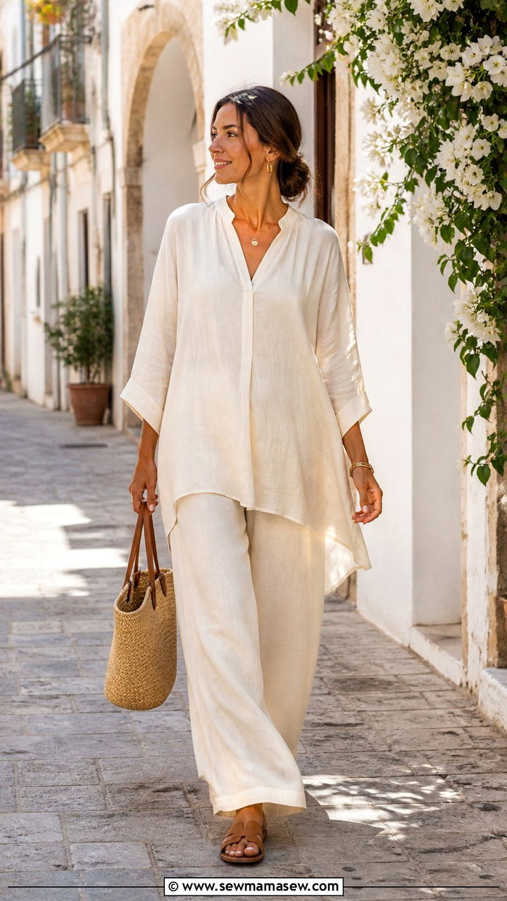 Wide Leg Linen Trousers and Tunic Top - 40 Italy outfit ideas