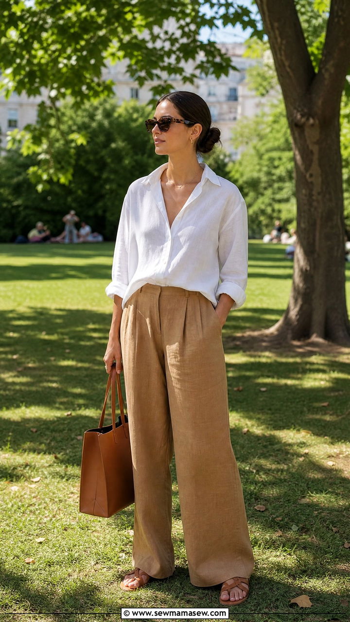 Wide Leg Linen Trousers with Button Down Shirt - 30 summer picnic outfit ideas