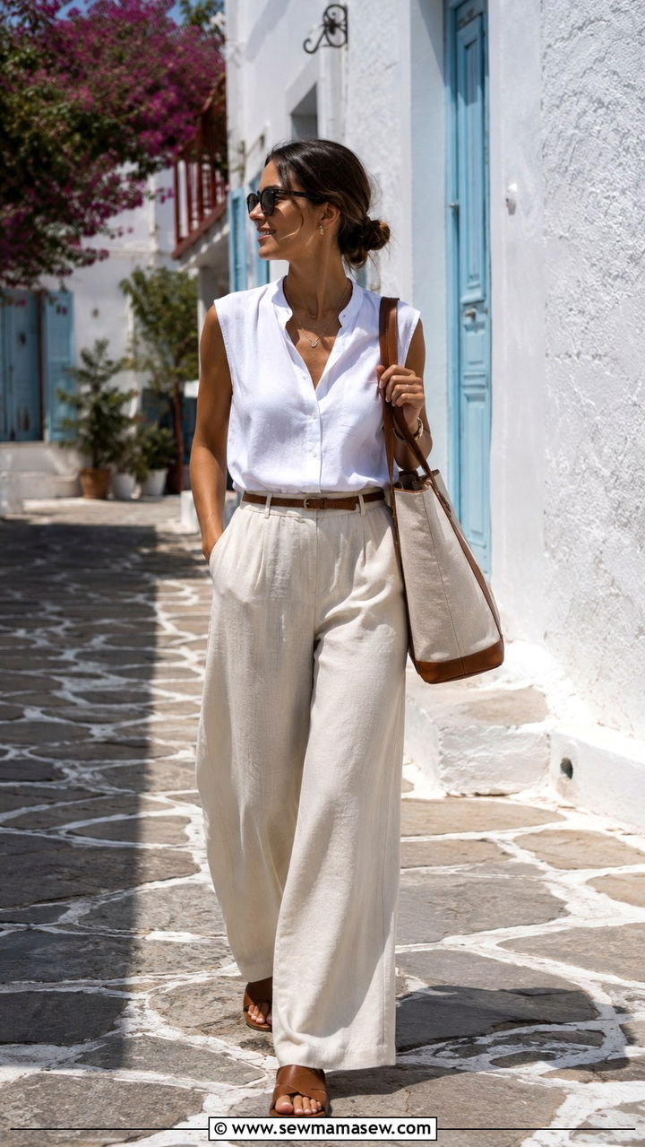 Wide Leg Linen Trousers with Sleeveless Blouse - 30 Greek island outfits
