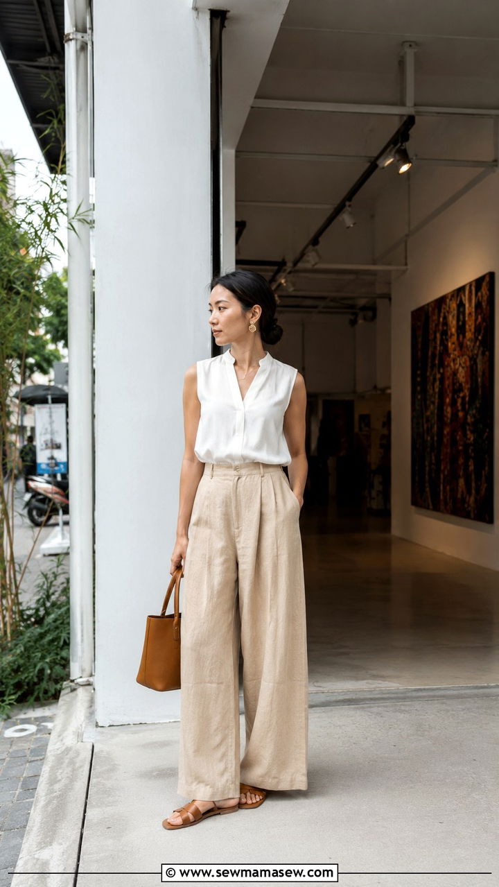 Wide Leg Linen Trousers with Sleeveless Blouse - 25 Bangkok outfit ideas