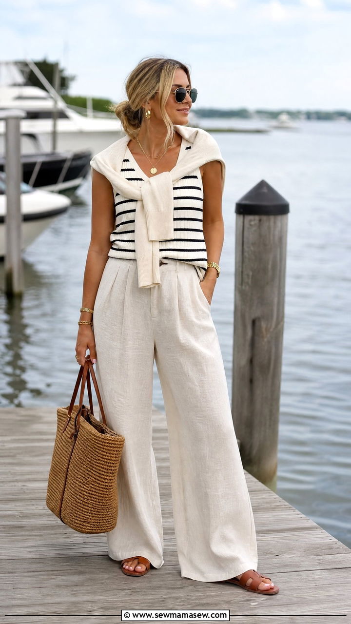 Wide Leg Linen Trousers with Striped Knit and Sweater Over Shoulders - 30 Hamptons outfit ideas