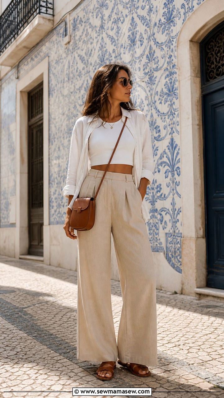 Wide Leg Linen Trousers with a Cropped Top - 40 What to wear in Lisbon