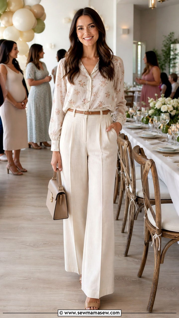 Wide Leg Linen Trousers with a Soft Blouse - 40 Spring baby shower outfits