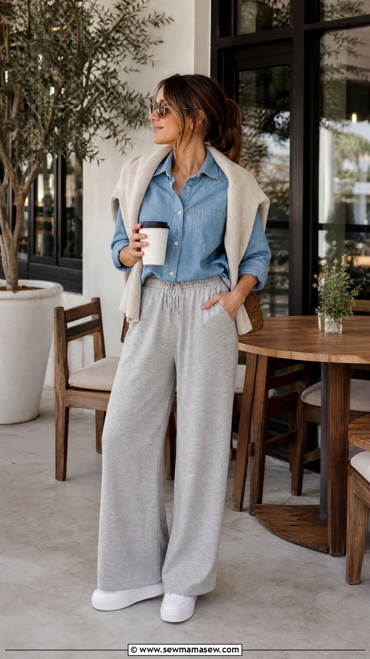Wide Leg Lounge Pants with Chambray Shirt - 25 Loungewear outfit ideas for moms