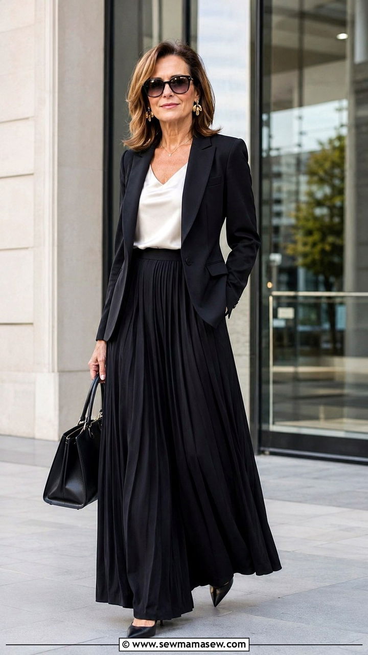 Wide Leg Maxi Skirt Outfit With Tailored Blazer - 30 maxi skirt outfits for women over 40