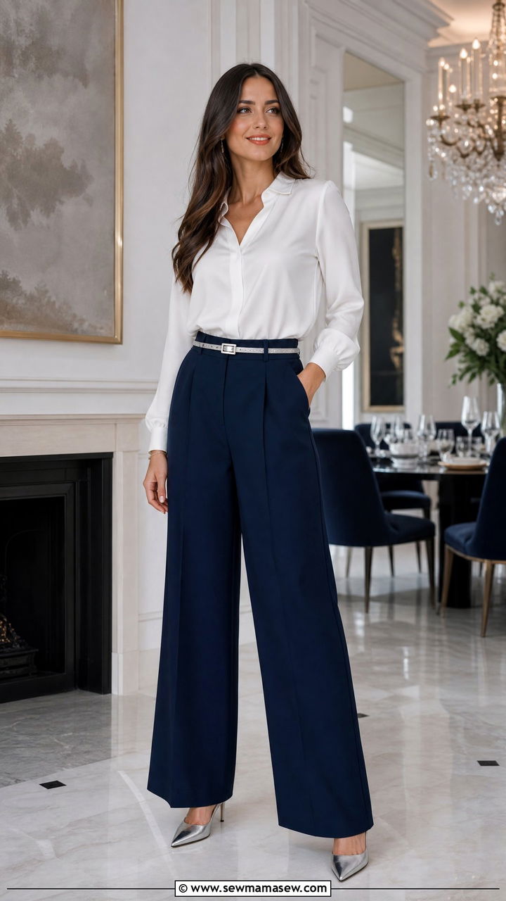 Wide Leg Navy Trousers With A White Silk Blouse And Silver Heels - 25 Hanukkah outfit ideas