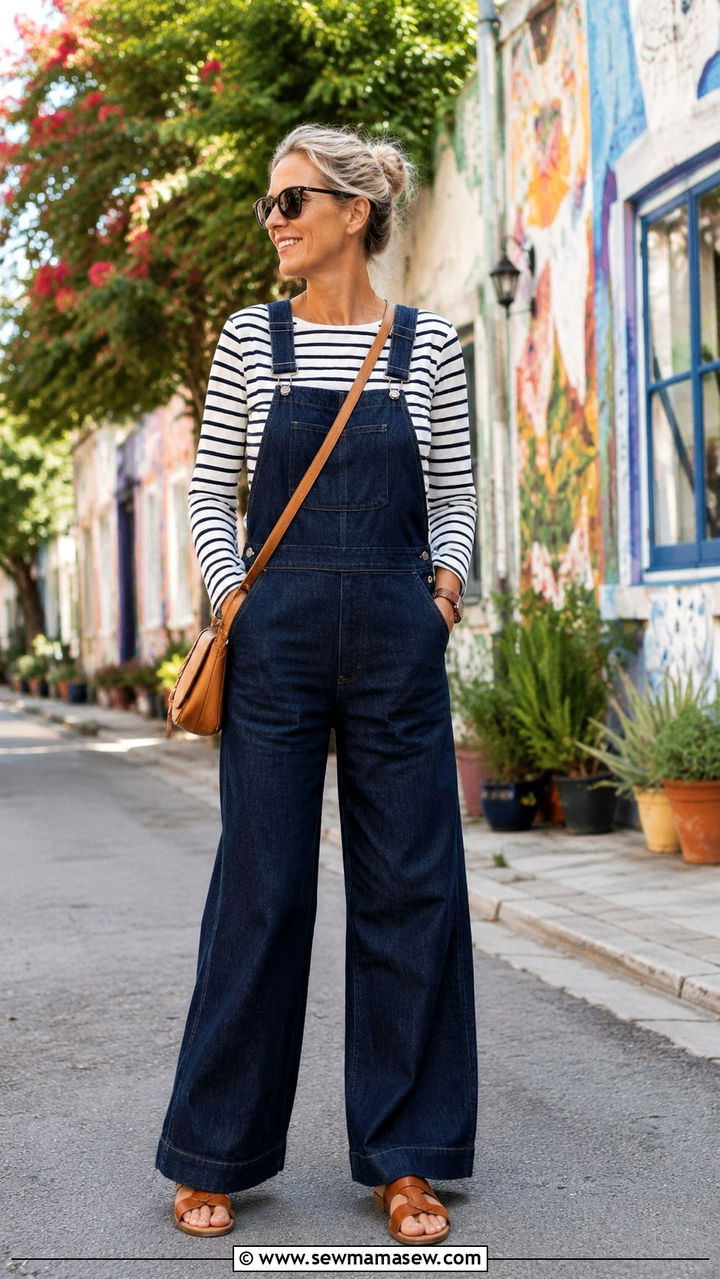 Wide Leg Overalls and Striped Top Tall Women Over 40 - 30 Tall outfits for women over 40