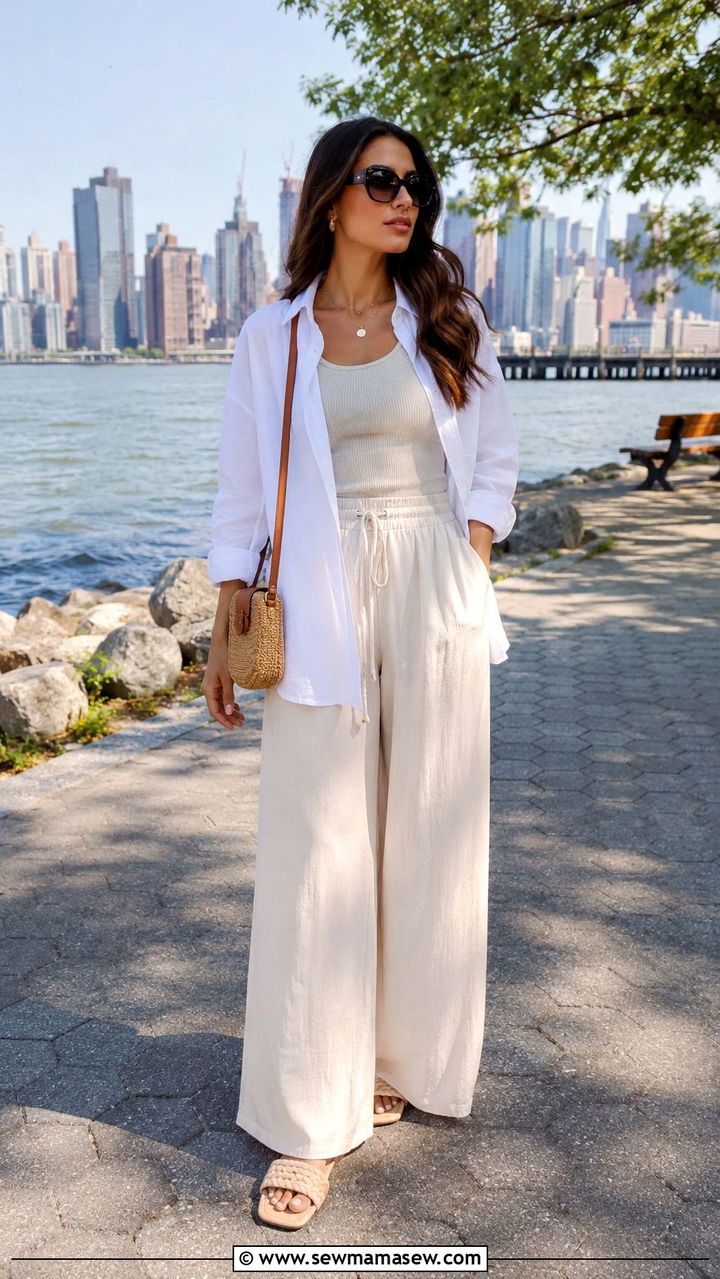 Wide Leg Palazzo Pants Ribbed Tank Oversized Button Down - 30 NYC brunch outfit ideas