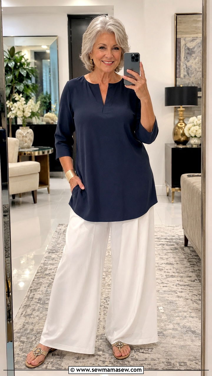 Wide Leg Palazzo Pants with Fitted Tunic Top - 25 Modest outfit ideas for women over 60