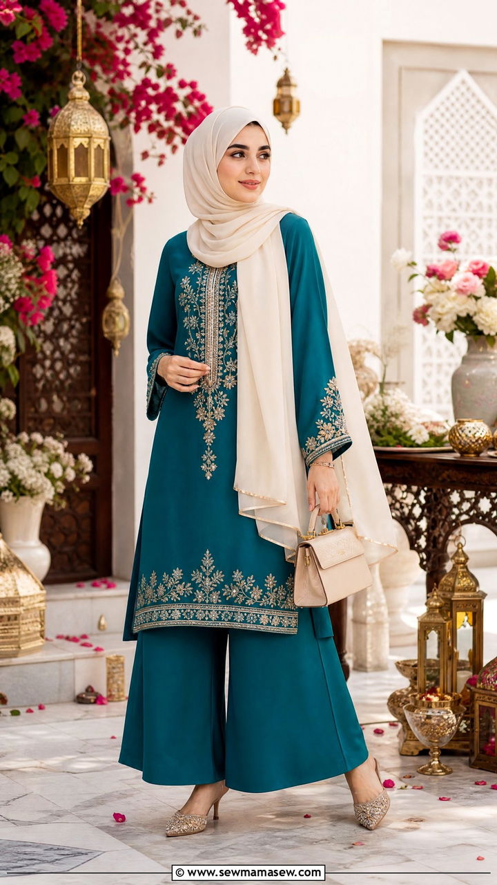 Wide Leg Palazzo Suit with Contrast Chiffon Hijab - 30 Eid outfit ideas with hijab