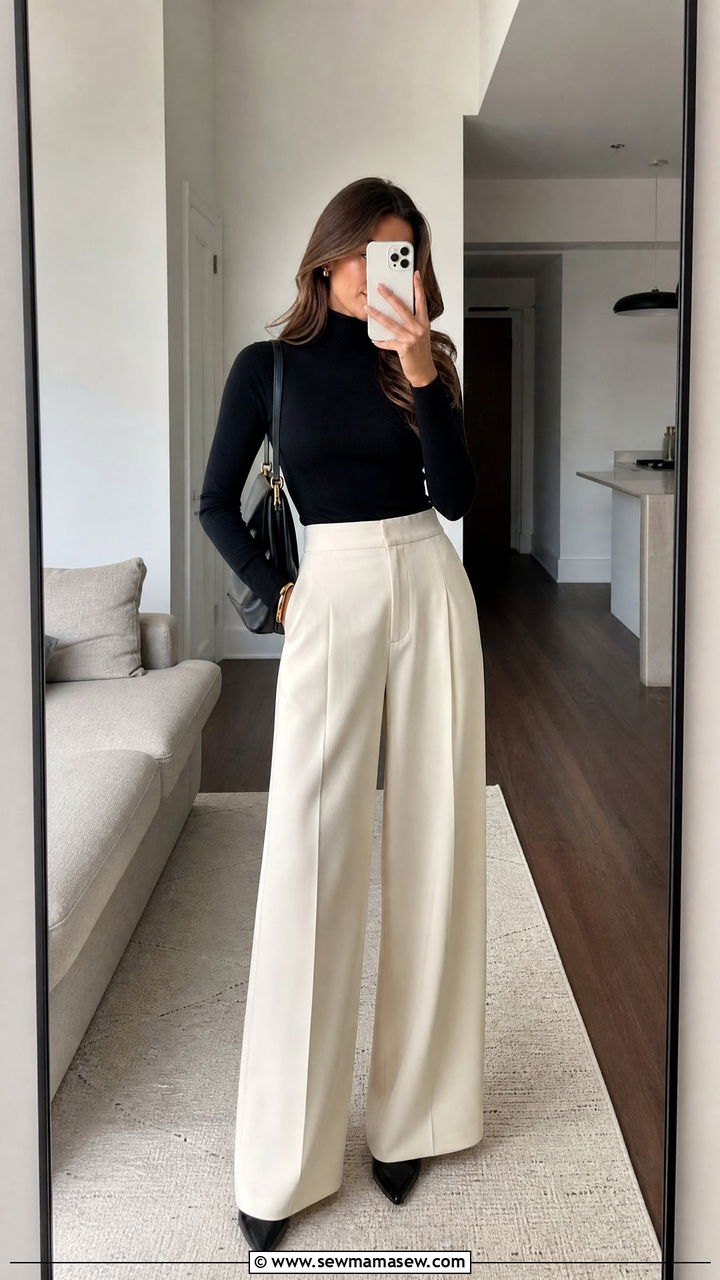 Wide Leg Pants And Fitted Turtleneck Outfit For Women In Their 30s - 25 How to dress in your 30s