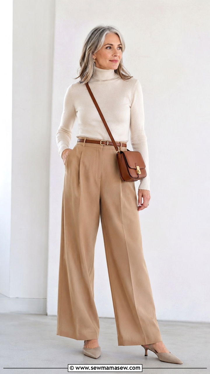 Wide Leg Pants And Fitted Turtleneck - 30 Minimalist outfit ideas for women over 50