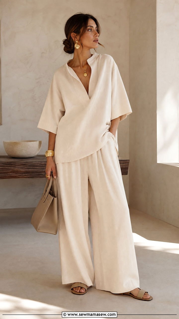 Wide Leg Pants Monochrome Matching Set With Minimal Sandals - 30 how to style wide leg pants