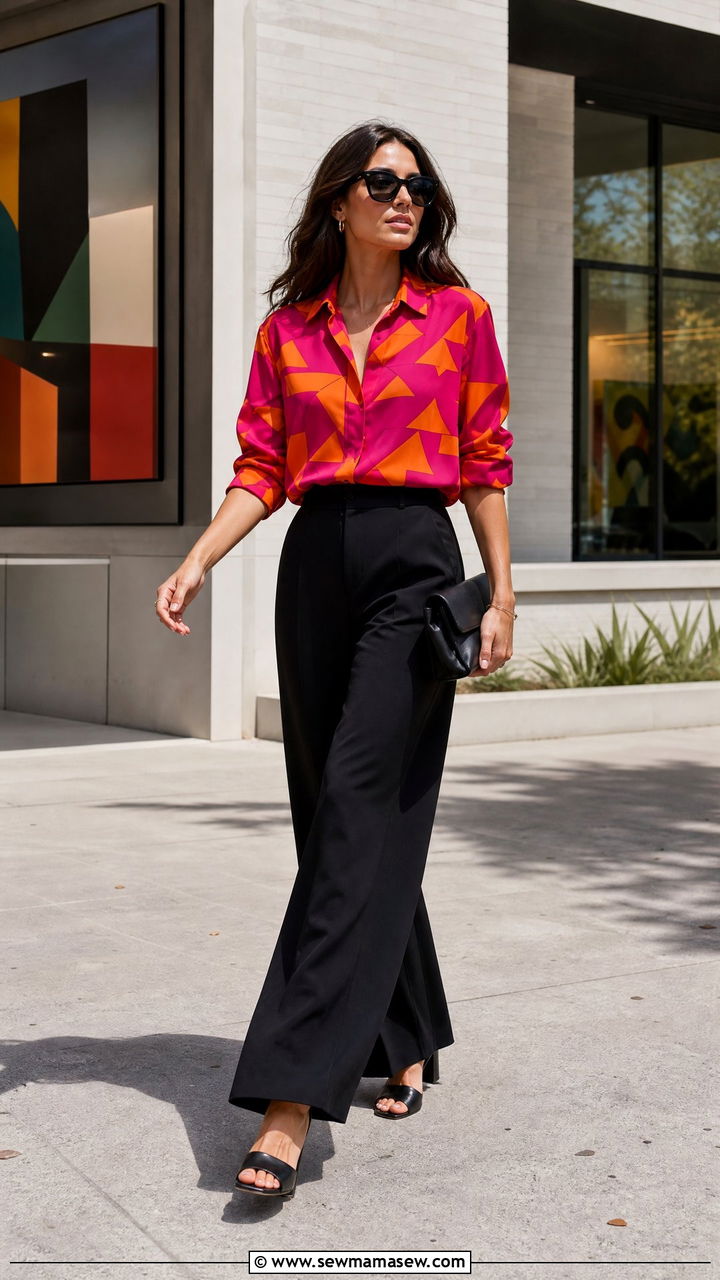 Wide Leg Pants Outfit With Bold Print Top - 25 wide leg pants outfits 2026