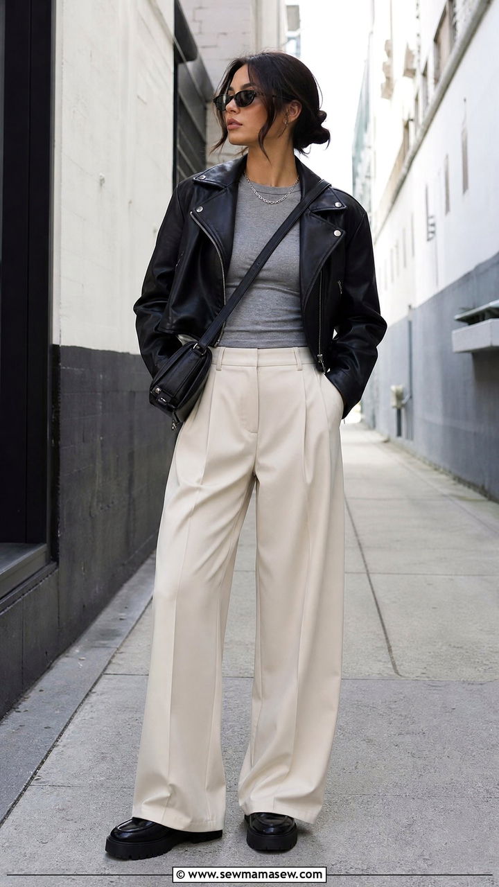 Wide Leg Pants Outfit With Leather Jacket - 25 wide leg pants outfits 2026