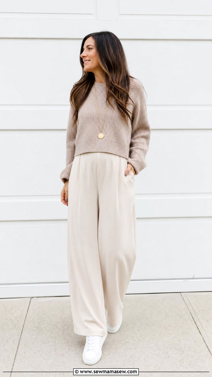 Wide Leg Pants With A Cropped Sweater - 25 Maternity outfit ideas hiding bump