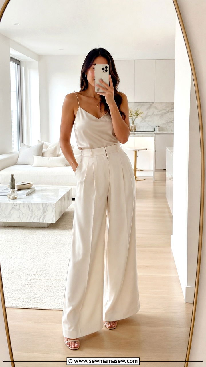 Wide Leg Pants With A Tucked In Silk Camisole - 30 Outfit ideas for short legs