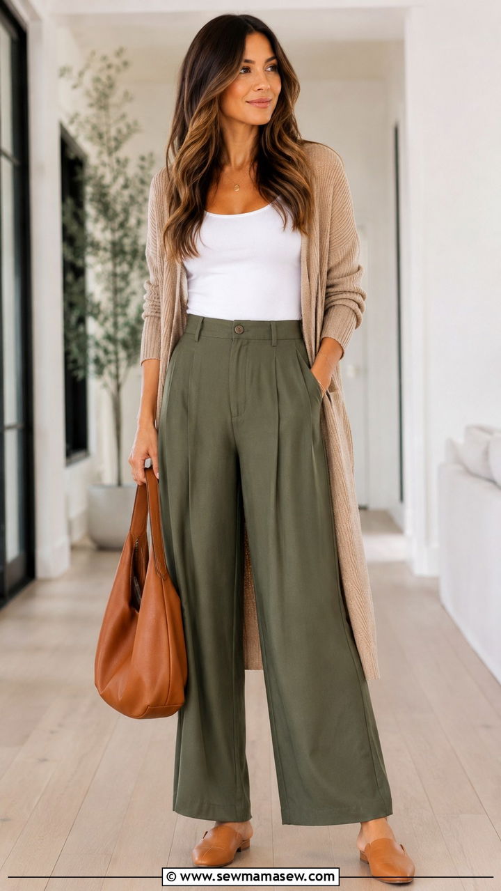 Wide Leg Pants With Cardigan And Mules - 30 how to style wide leg pants