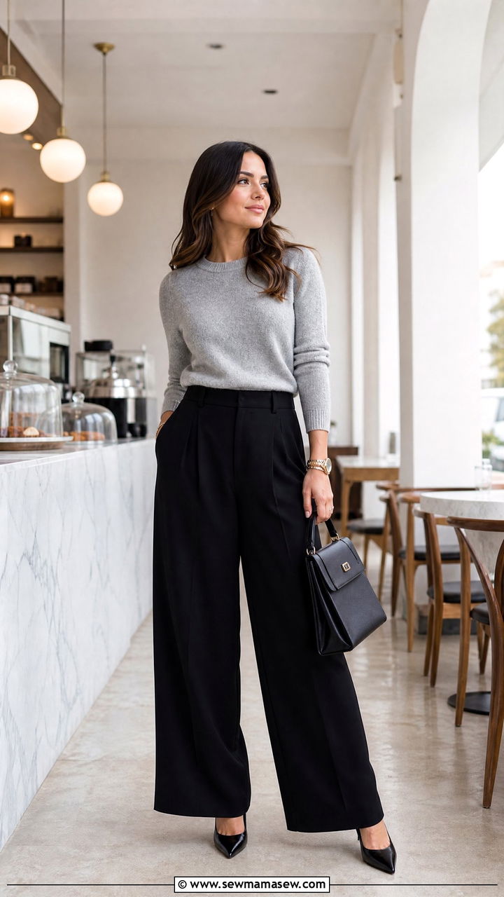 Wide Leg Pants With Cashmere Sweater And Pumps - 30 classy wide leg pants outfits