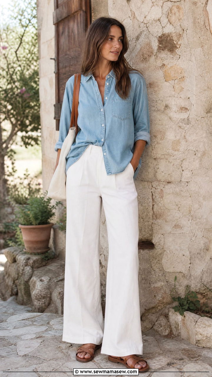 Wide Leg Pants With Chambray Shirt - 30 summer wide leg pants outfit ideas